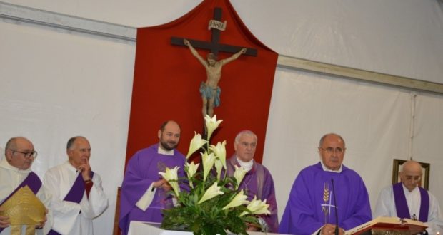 Don Luca all'altare insieme con il vescovo Brugnaro, sacerdoti e diaconi di San Severino
