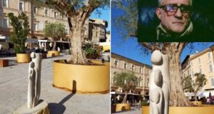 Una delle sculture in piazza e, nel riquadro, Giulio Sfrappini