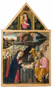 Lorenzo D'Alessandro (Sanseverino 1445 ca. -1501) La Madonna della Quercia, cimasa della Natività. Tempera su tavola, cm. 195 x 137, già nella chiesa di San Lorenzo in Doliolo, ora nella Pinacoteca Comunale.