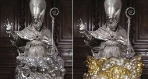 Il busto argenteo del santo patrono con i due diversi basamenti