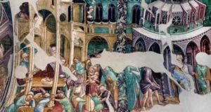 Lorenzo Salimbeni (Sanseverino, 1374 ca. – ante 1420) Storie di San Giovanni Evangelista, particolare. Affresco strappato dalla Torre campanaria del Duomo Antico, attualmente nella Pinacoteca Comunale "Tacchi Venturi"