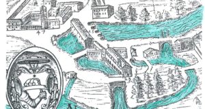 Immagine del Borgo, rielaborata per evidenziare la rete idrica, tratta dalla Mappa della Città di Sanseverino di Cipriano Divini, 1640