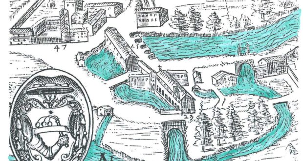 Immagine del Borgo, rielaborata per evidenziare la rete idrica, tratta dalla Mappa della Città di Sanseverino di Cipriano Divini, 1640