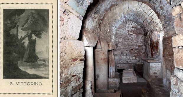 San Vittorino e un'immagine delle catacombe di san Vittorino presso Amiterno dove sarebbero custodite le reliquie del santo omonimo