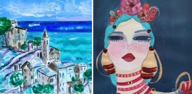 A sinistra un'opera di Maria Ersilia Valentini, a destra un'opera di Giulia Piangatelli