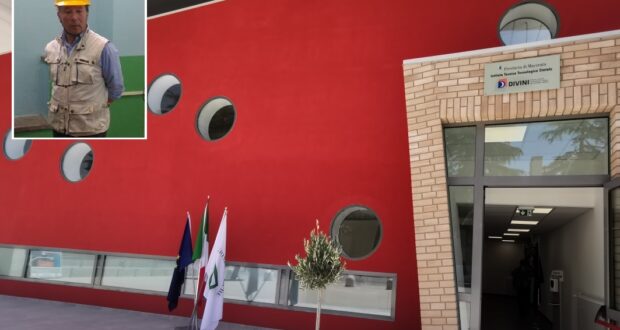 Nel riquadro l'ingegner Stefano Tallei in occasione di un sopralluogo post terremoto presso le scuole settempedane